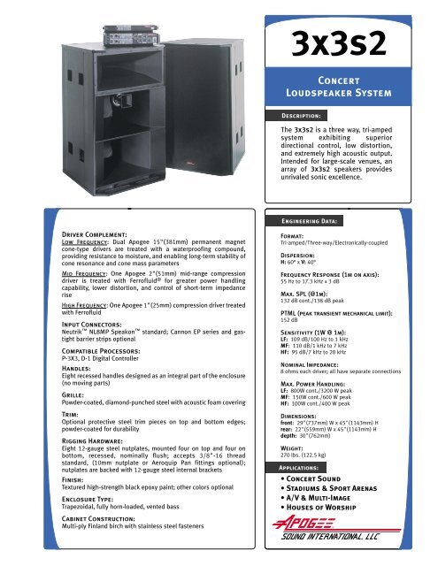 Apogee 3x3s2 Conceert Loudspeaker System Spec Sheet - HAAN-PA