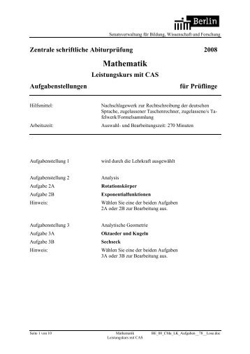 Zentralabitur 2008 Berlin - Mathematik und ihre Didaktik