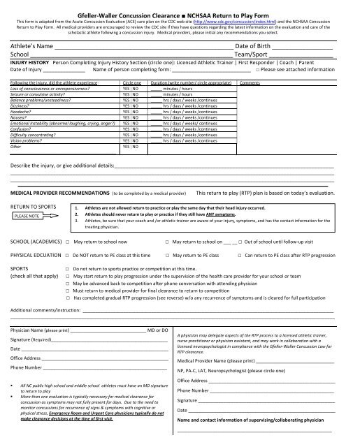 Return to Play Form - Gfeller-Waller Concussion Awareness Act