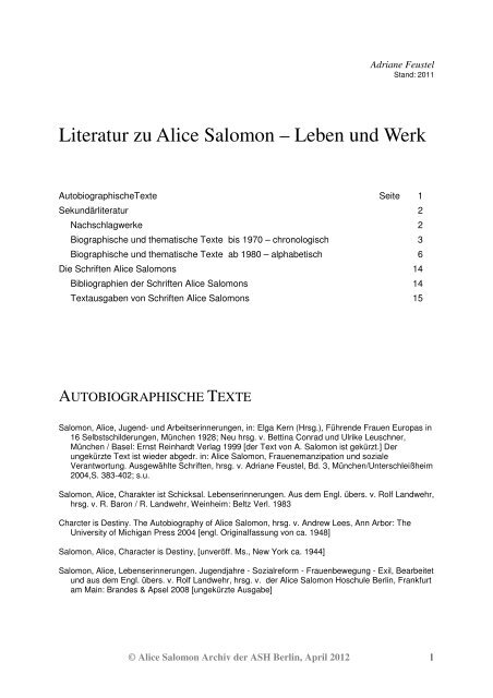 Literaturliste als PDF - Alice Salomon Archiv