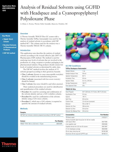 Analysis of Residual Solvents using GC/FID with Headspace and a ...