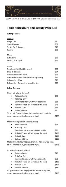 Hair and Makeup Services Price List - Tonic Hair culture and Beauty