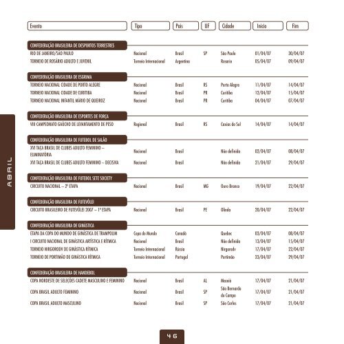 CalendÃ¡rio esportivo nacional 2007 - MinistÃ©rio do Esporte