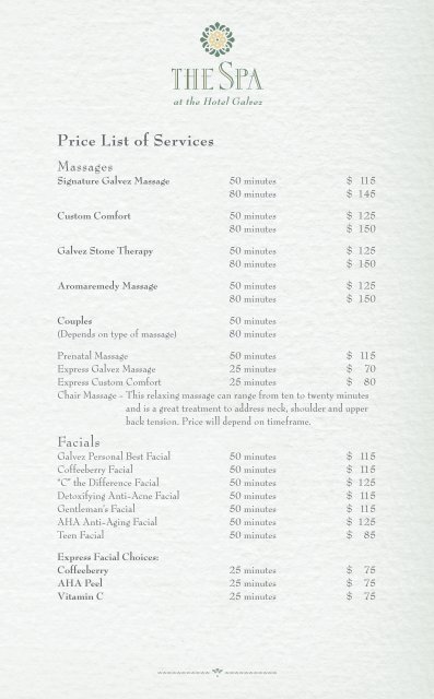 Price List of Services - The Spa at the Hotel Galvez