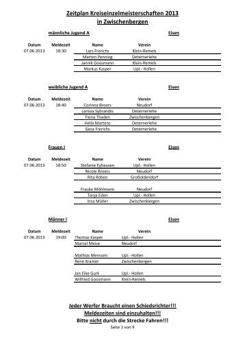 Zeitplan Kreiseinzelmeisterschaften 2013 in Zwischenbergen