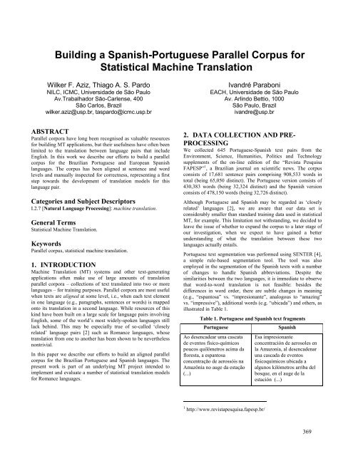 Building a Spanish-Portuguese Parallel Corpus for Statistical ...