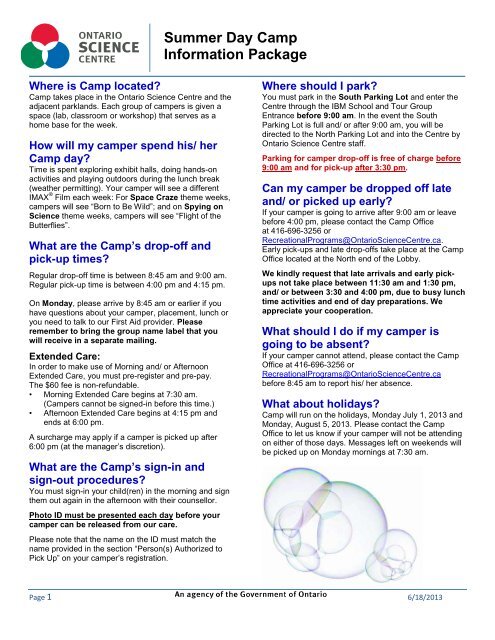 Summer Day Camp Information Package - Ontario Science Centre