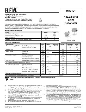 433.92 MHz SAW Resonator RO3101 - RF Monolithics, Inc.