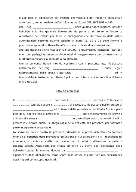 Modulo di fideiussione - TE - Trasporti Eccezionali On Line