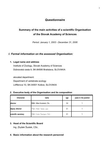 Questionnaire - ÃƒÂšstav zoolÃƒÂ³gie SAV