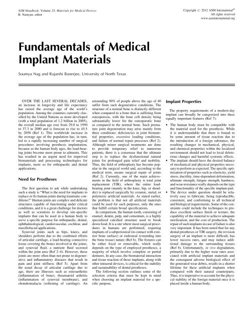 Fundamentals of Medical Implant Materials - ASM International