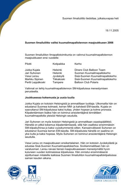 Suomen Ilmailuliitto tiedottaa, julkaisuvapaa heti 19.11 ... - Pallo.net