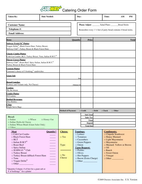 Subway Sandwich Formula Chart 2017