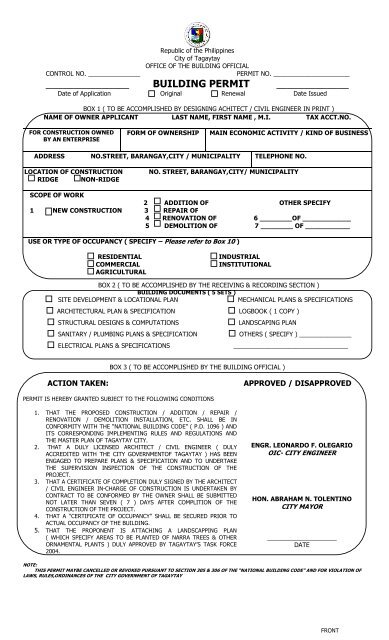 APPLICATION FORM FOR BUILDING PERMIT Tagaytay gov ph