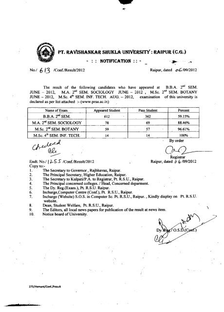 result notification - Pt. Ravishankar Shukla University, Raipur