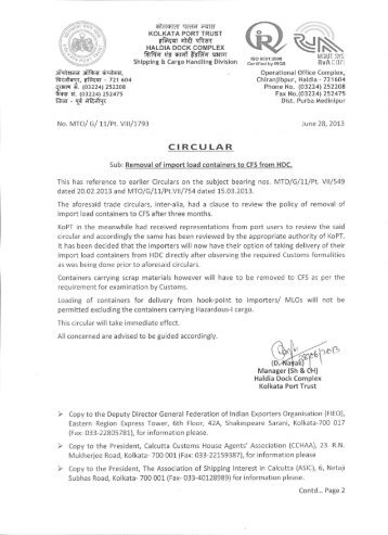 Removal of import load container to CFS from ... - Kolkata Port Trust