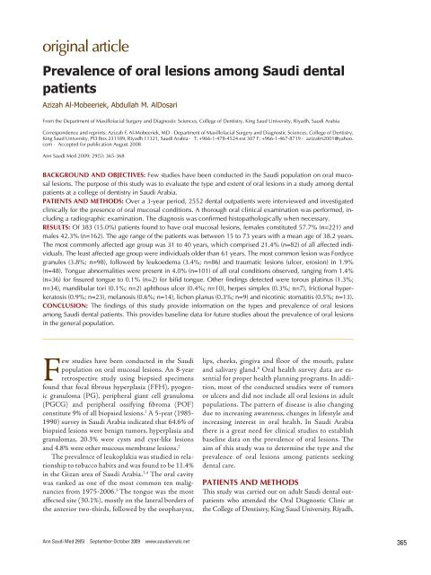 Prevalence of oral lesions among Saudi dental ... - BioMedSearch