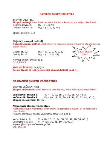 SKUPNI DELITELJI Največji skupni delitelj NAJMANJŠI SKUPNI ...