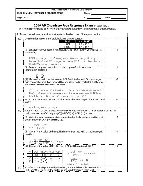 2009 AP Chemistry Free Response Exam - Chemmybear.com
