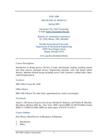 EML 3500 MECHANICAL DESIGN I Spring 2010 Instructor: Dr. Sabri ...