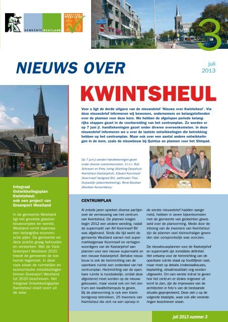 Nieuwsbrief Centrumplan Kwintsheul - Gemeente Westland