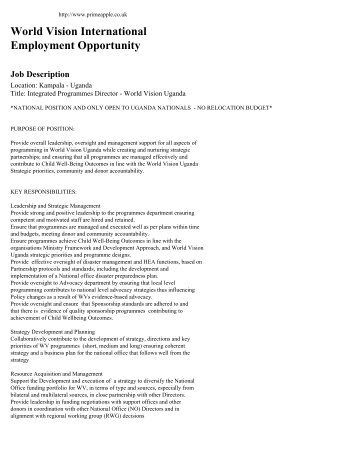World Vision International Employment Opportunity Job Description