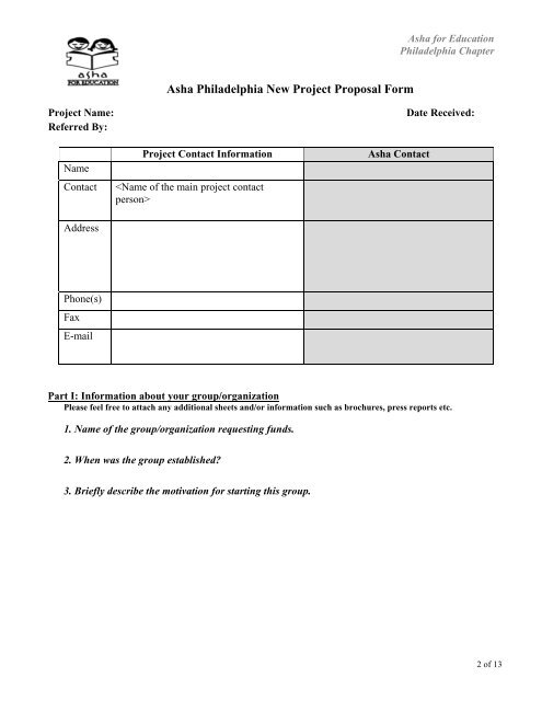 Project Proposal Submission Form Asha For Education
