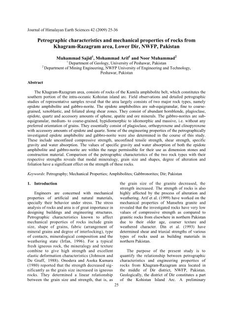 Petrographic characteristics and mechanical properties of rocks