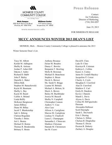 MCCC ANNOUNCES WINTER 2013 DEAN'S LIST - Monroe County ...