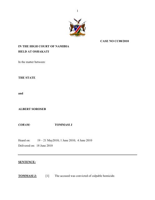 State Versus Albert Soroseb Sentence Pdf Superior Courts Of Namibia