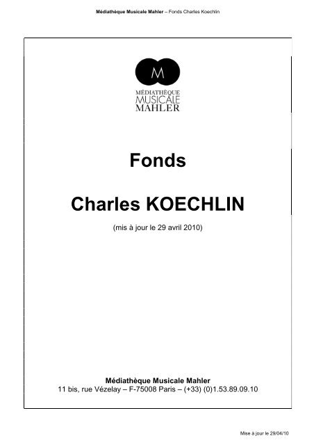 Fonds Charles KOECHLIN - MÃ©diathÃ¨que Musicale Mahler