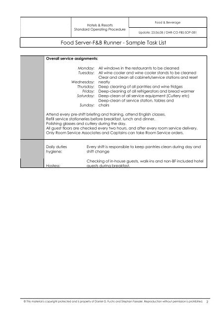 Food Server-F&B Runner - Sample Task List - Dr. Daniel G. Fuchs