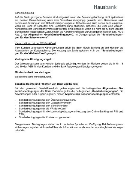 Informationen zum Girovertrag - Hausbank