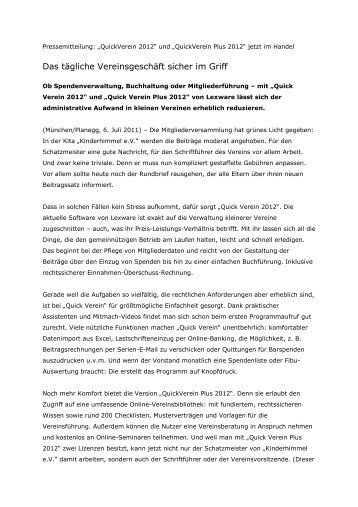 Pressemitteilung Haufe-Lexware Quickverein 2012