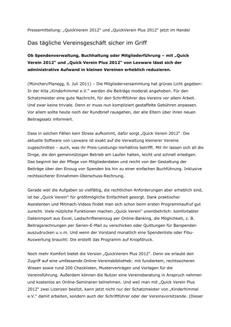 Pressemitteilung Haufe-Lexware Quickverein 2012