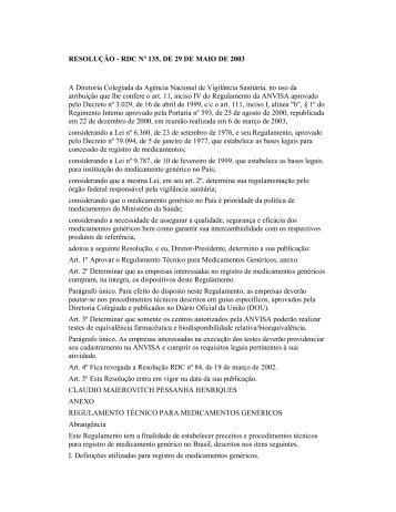 RESOLUÇÃO - RDC Nº 135, DE 29 DE MAIO DE 2003 A Diretoria ...