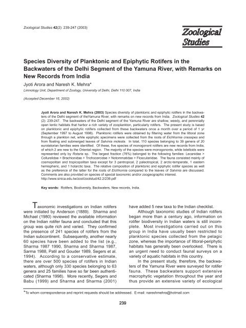 Species Diversity of Planktonic and Epiphytic Rotifers in the ...