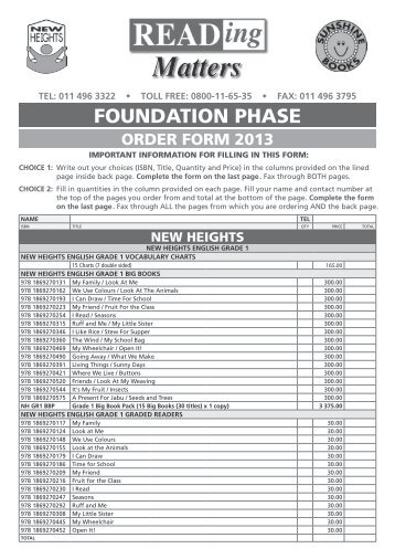 Reading Matters Price List and Order Form