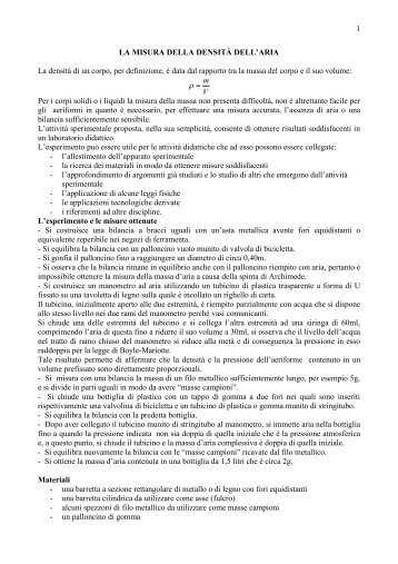 1 LA MISURA DELLA DENSITÀ DELL'ARIA La densità di un corpo ...