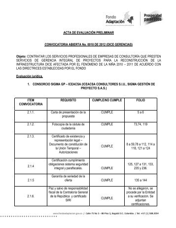 ACTA DE EVALUACIÓN PRELIMINAR CONVOCATORIA ABIERTA ...