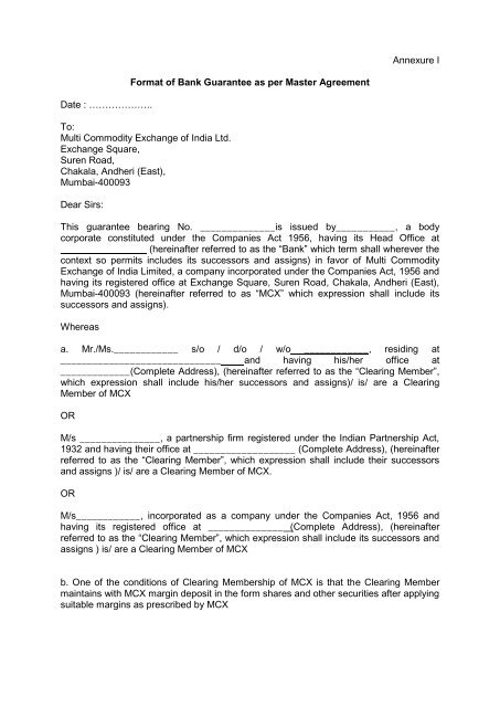 Format For Issue Of Fresh Bank Guarantee As Per Master Mcx