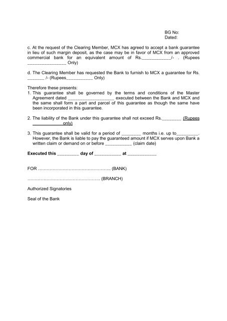 Format for issue of fresh Bank Guarantee as per Master ... - MCX