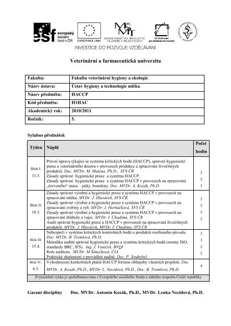 1. h1hc - haccp - VeterinÃ¡rnÃ­ a farmaceutickÃ¡ univerzita Brno