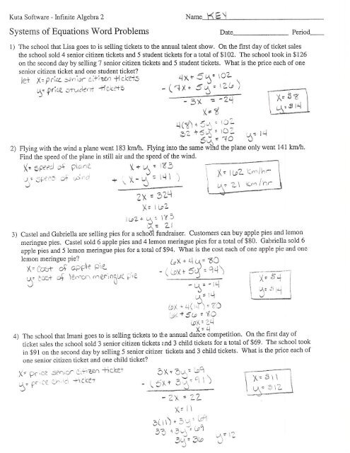 solving systems of equations word problems answer key