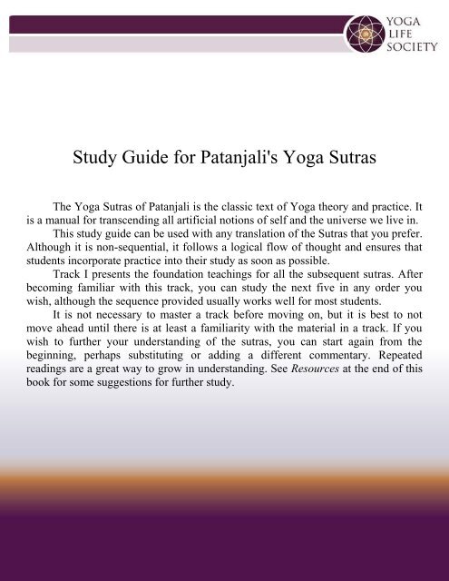 Study Guide for Patanjali's Yoga Sutras - Yoga Life Society