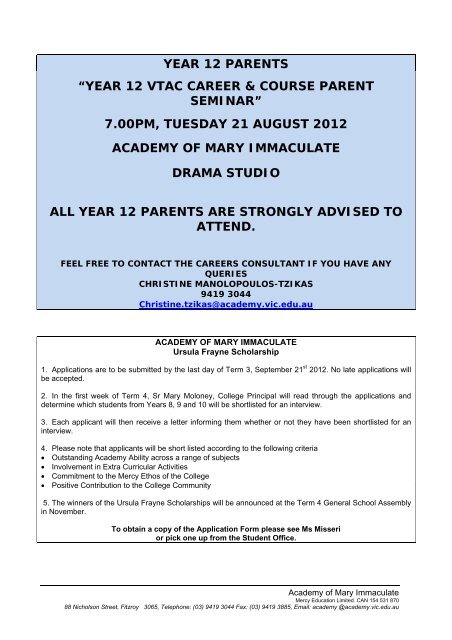 year 12 parents - Academy of Mary Immaculate