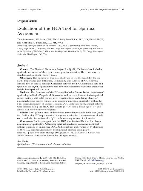 Evaluation of the FICA Tool for Spiritual Assessment