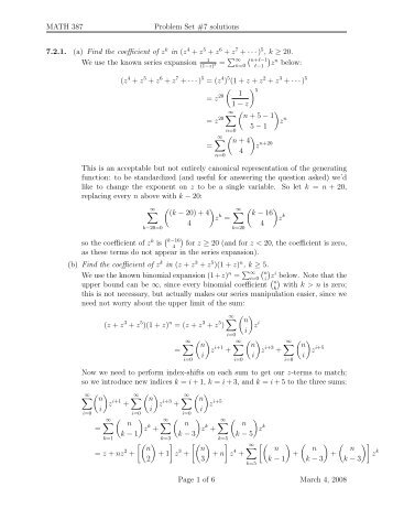 MATH 387 Problem Set #7 solutions 7.2.1. (a) Find the coefficient of ...