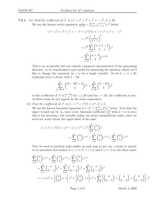 MATH 387 Problem Set #7 solutions 7.2.1. (a) Find the coefficient of ...