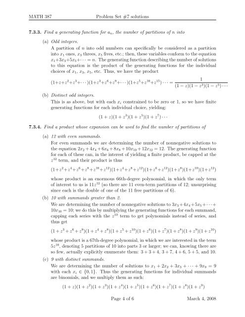 MATH 387 Problem Set #7 solutions 7.2.1. (a) Find the coefficient of ...
